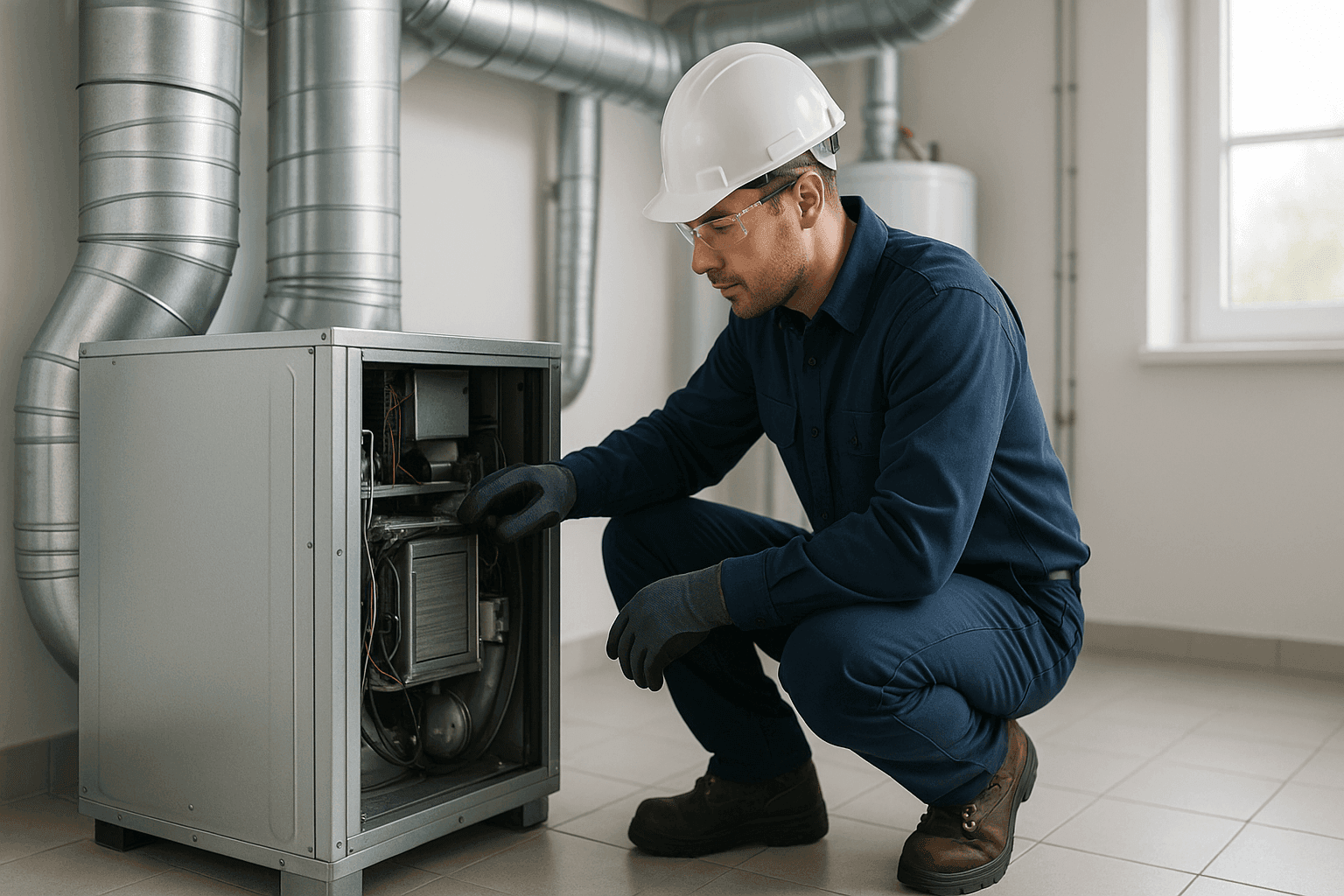 Technician inspecting HVAC unit in clean utility room