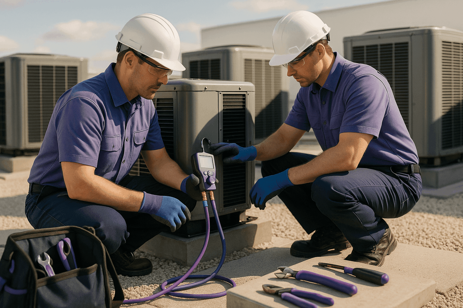 Two OSHA-compliant HVAC technicians inspecting rooftop units wearing violet-accented uniforms in Perry