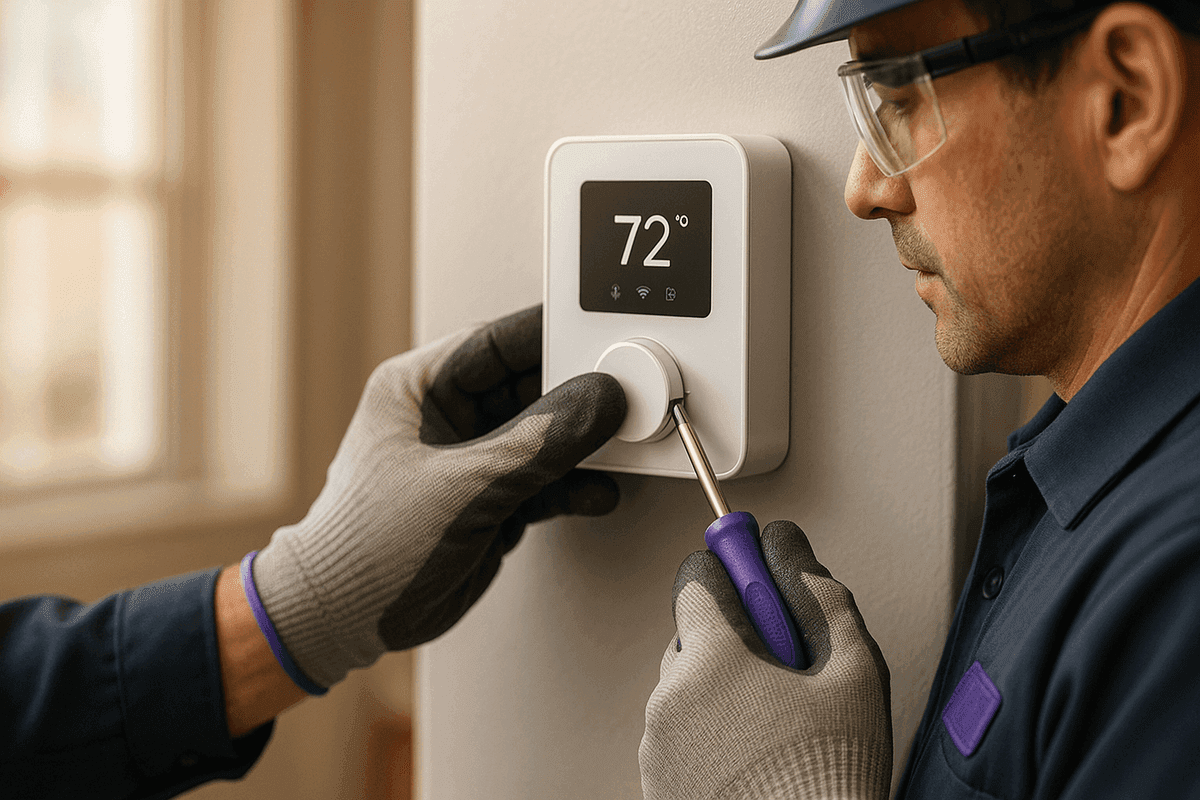 Close-up of HVAC technician’s gloved hands adjusting indoor thermostat with violet accents in Perry